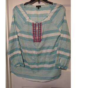 Talbots lightweight Boho 3/4 sleeve Teal with Red and Indigo bead work Neck Sz M
